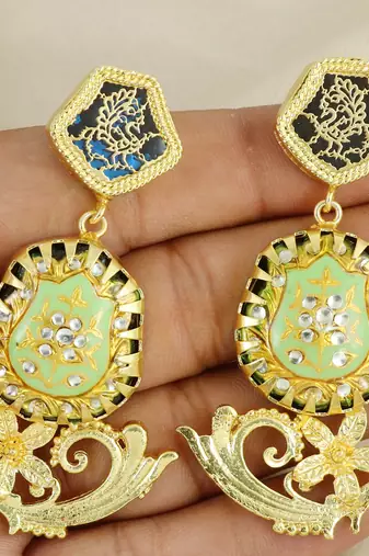Gold finish green meena earrings