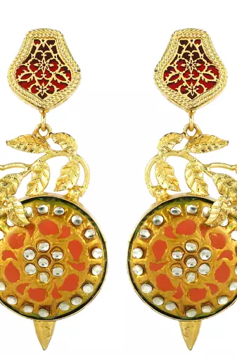 Gold finish red meena earrings