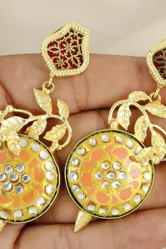 Gold finish red meena earrings