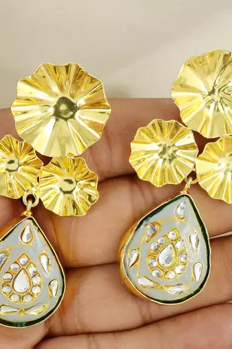 Gold finish teardrop meena earrings