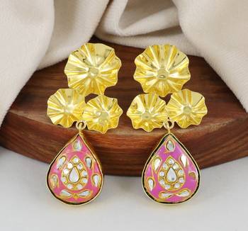 Gold finish pink meena drop earrings 1