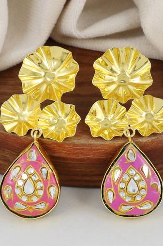 Gold finish pink meena drop earrings