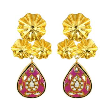 Gold finish pink meena drop earrings 2