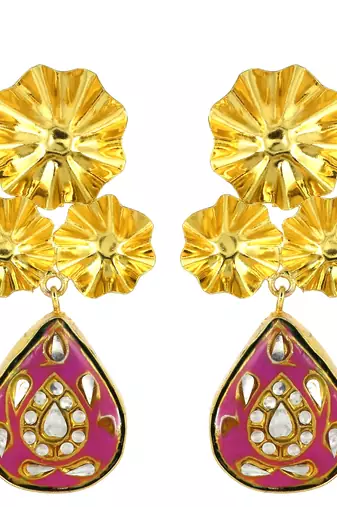 Gold finish pink meena drop earrings