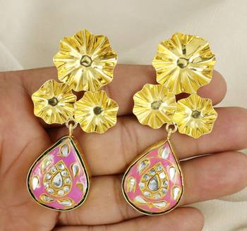 Gold finish pink meena drop earrings 3