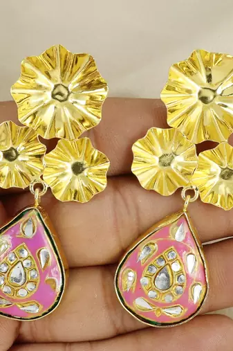 Gold finish pink meena drop earrings