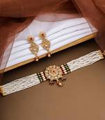 Antique red & green pearl studed gold plated brass jewellery set