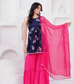 Women rayon crepe fabric bluepink color owl neck hip length sleeveless kurti sharara dupatta