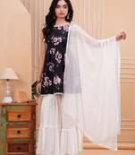 Women rayon crepe fabric blackwhite color owl neck hip length sleeveless kurti sharara dupatta