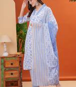 Women cotton fabric blue color v/collar neck calf length 3/4 sleeves kurta pant dupatta set