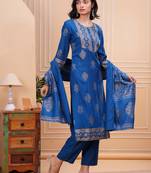 Women rayon fabric blue color round neck calf length 3/4 sleeve kurta pant dupatta set