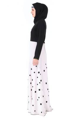 Black Crepe Printed Polka Dot Abaya Dress 2