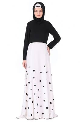 Black Crepe Printed Polka Dot Abaya Dress 1