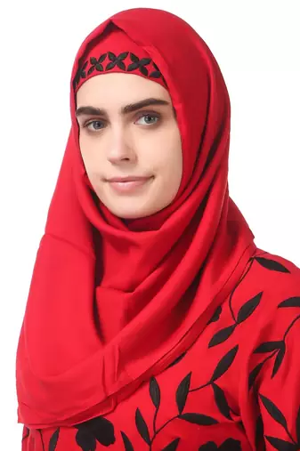 Black floral embroidery red rayon abaya