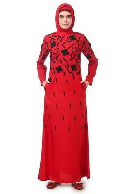 Black floral embroidery red rayon abaya 1