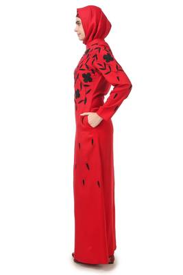 Black floral embroidery red rayon abaya 3