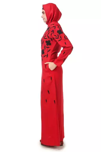 Black floral embroidery red rayon abaya