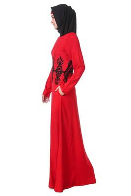 Graphic pattern embellished red rayon abaya 3
