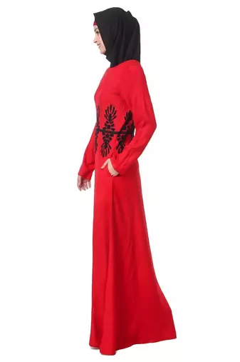 Graphic pattern embellished red rayon abaya