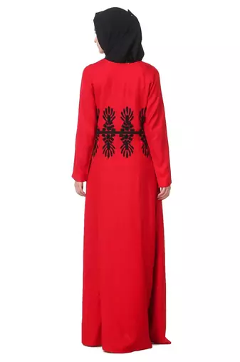 Graphic pattern embellished red rayon abaya