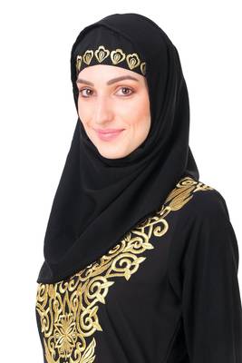 Gold hand embroidered neck fancy abaya 3