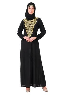 Gold hand embroidered neck fancy abaya 1