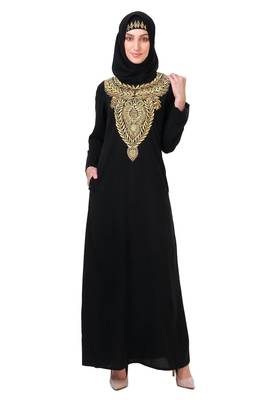 Gold & copper hand embroidered neck fancy abaya 1