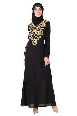 Gold & copper hand embroidered neck fancy abaya 1