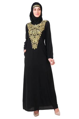 Gold hand embroidered neck fancy abaya