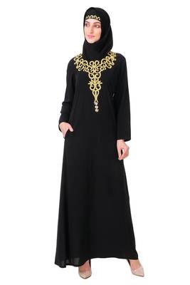 Gold hand embroidered neck fancy abaya 1