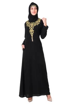 Gold hand embroidered neck fancy abaya 4