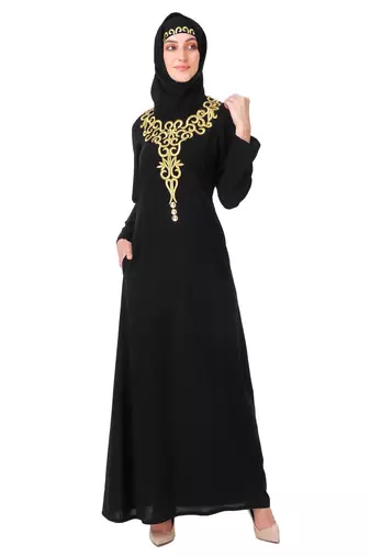 Gold hand embroidered neck fancy abaya