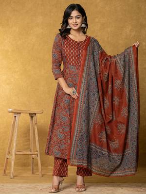 rust sequins work cotton anarkali kurta dupatta set 1