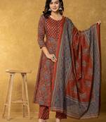 rust sequins work cotton anarkali kurta dupatta set