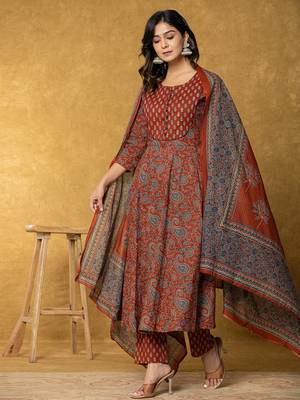 rust sequins work cotton anarkali kurta dupatta set 2