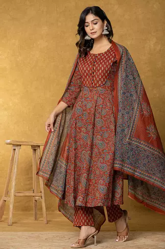 rust sequins work cotton anarkali kurta dupatta set
