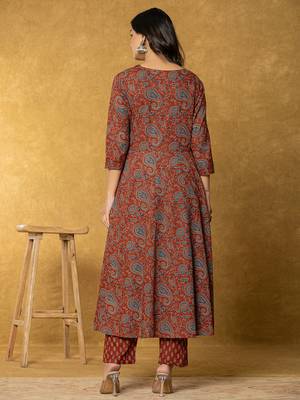 rust sequins work cotton anarkali kurta dupatta set 3
