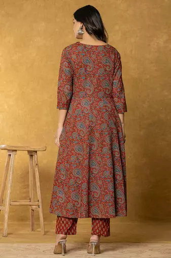 rust sequins work cotton anarkali kurta dupatta set