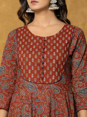 rust sequins work cotton anarkali kurta dupatta set 4