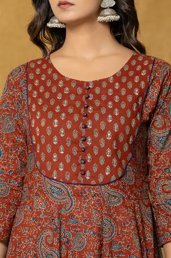 rust sequins work cotton anarkali kurta dupatta set