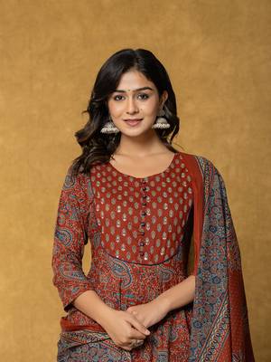 rust sequins work cotton anarkali kurta dupatta set 5