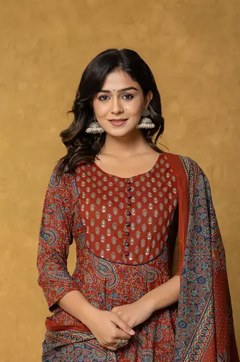 rust sequins work cotton anarkali kurta dupatta set