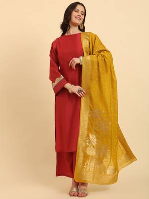 rust silk flared sleeves kurta with palazzo banarasi dupatta set 1