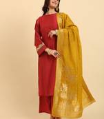 rust silk flared sleeves kurta with palazzo banarasi dupatta set