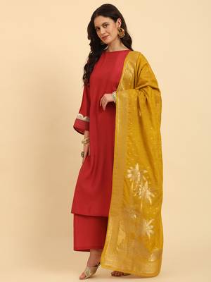rust silk flared sleeves kurta with palazzo banarasi dupatta set 2