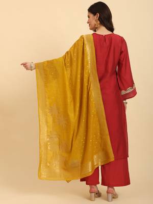 rust silk flared sleeves kurta with palazzo banarasi dupatta set 3