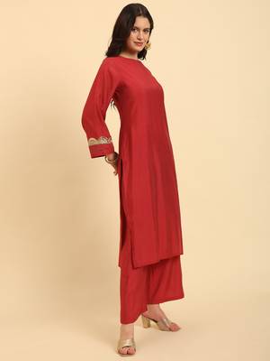 rust silk flared sleeves kurta with palazzo banarasi dupatta set 5