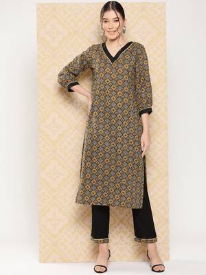 Yufta-women brown geometric print pure cotton kurta with pants set 1