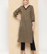 Yufta-women brown geometric print pure cotton kurta with pants set