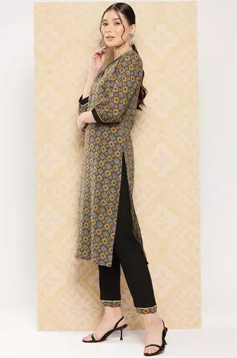 Yufta-women brown geometric print pure cotton kurta with pants set